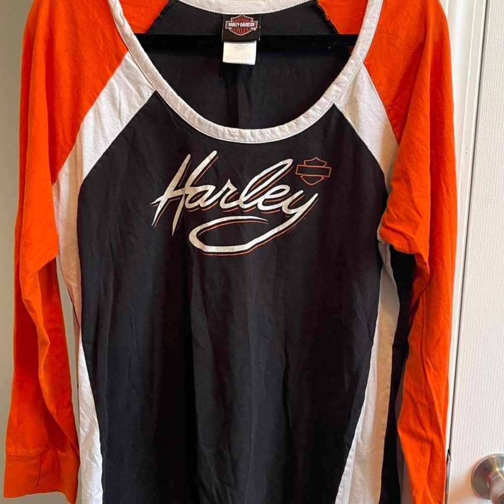 Harley Davidson Jamestown NY Raglan Long Sleeve Graphic Tee Black Orange Size 1X